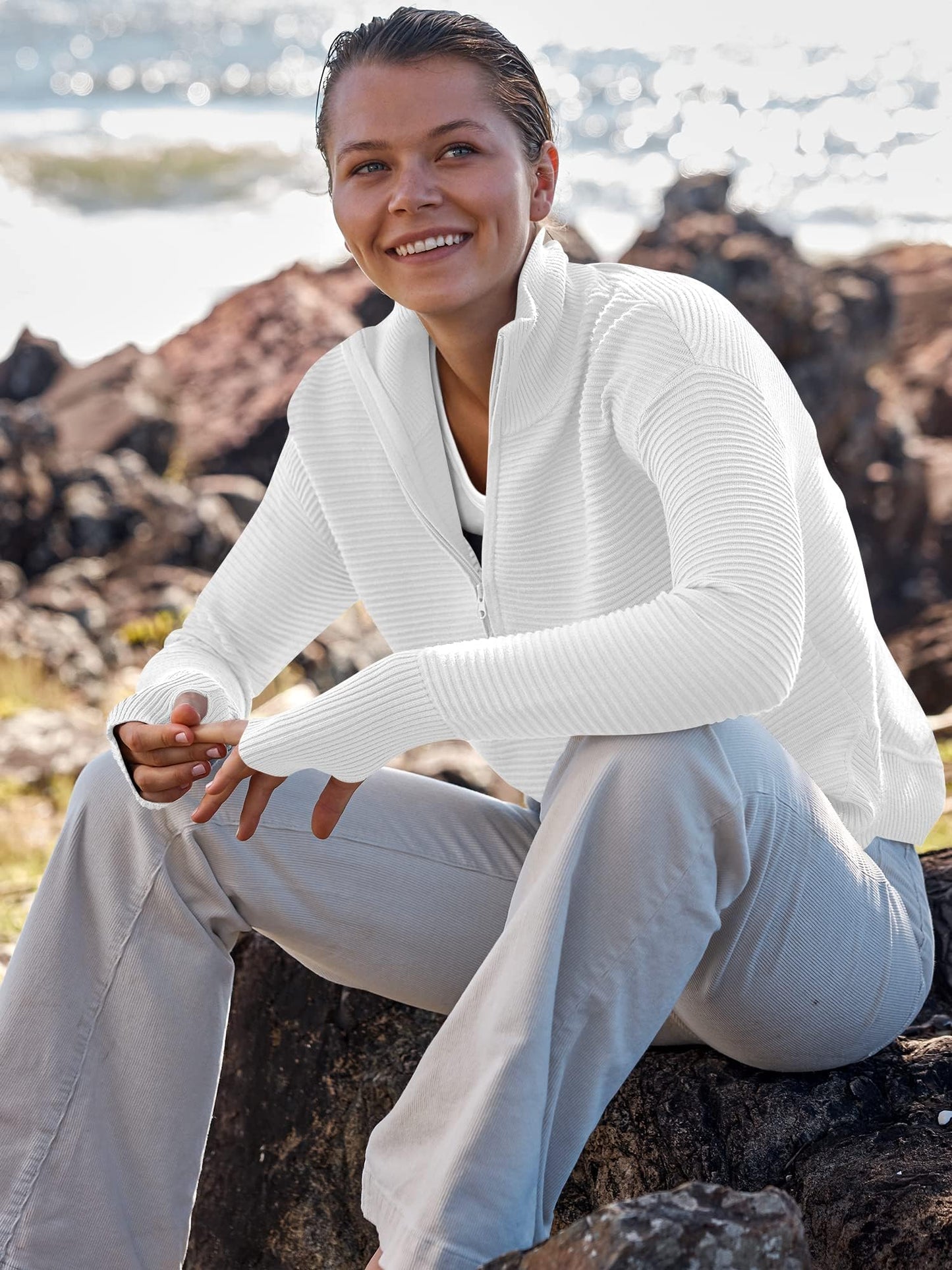 Luniro Women Quarter Zip Sweaters Long Sleeve Casual Ribbed Knit Pullover Sweater Fall Trendy Tops