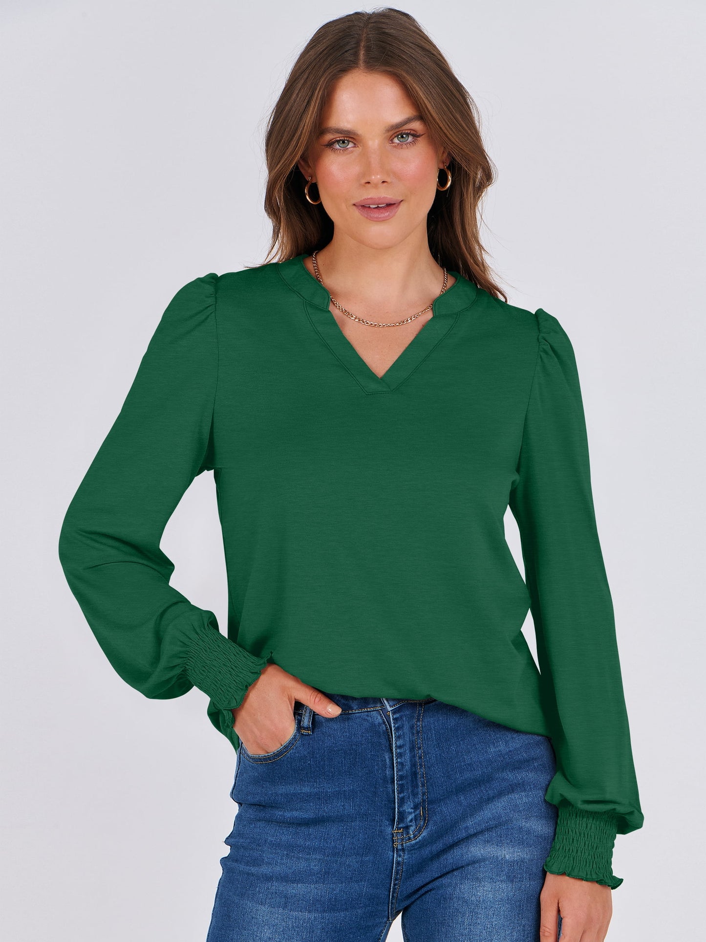 Luniro Puff Long Sleeve Shirts for Women V Neck Loose Tops Dressy Casual Work Blouses 2025 Fall Top