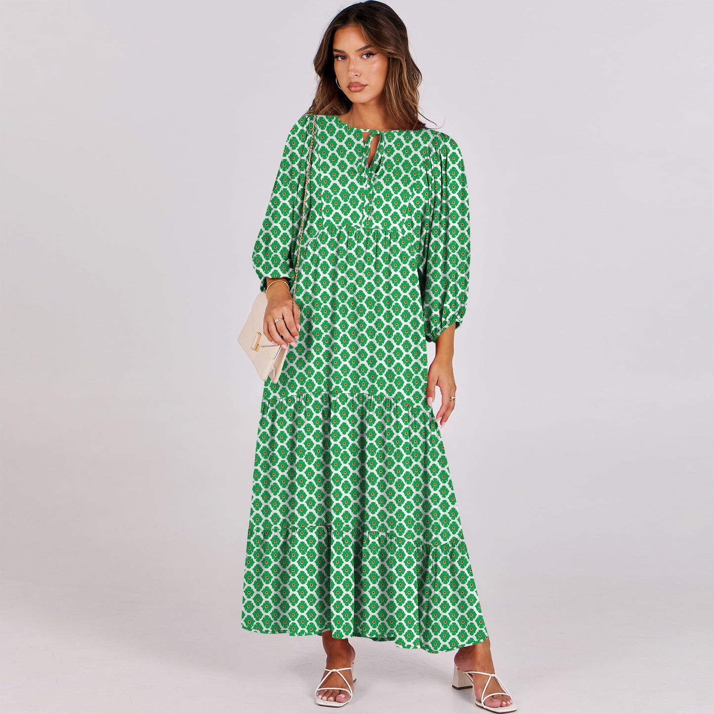 Luniro Maxi Dresses for Women Floral V Neck 3/4 Puff Sleeve 2025 Boho Summer Wedding Guest Dress