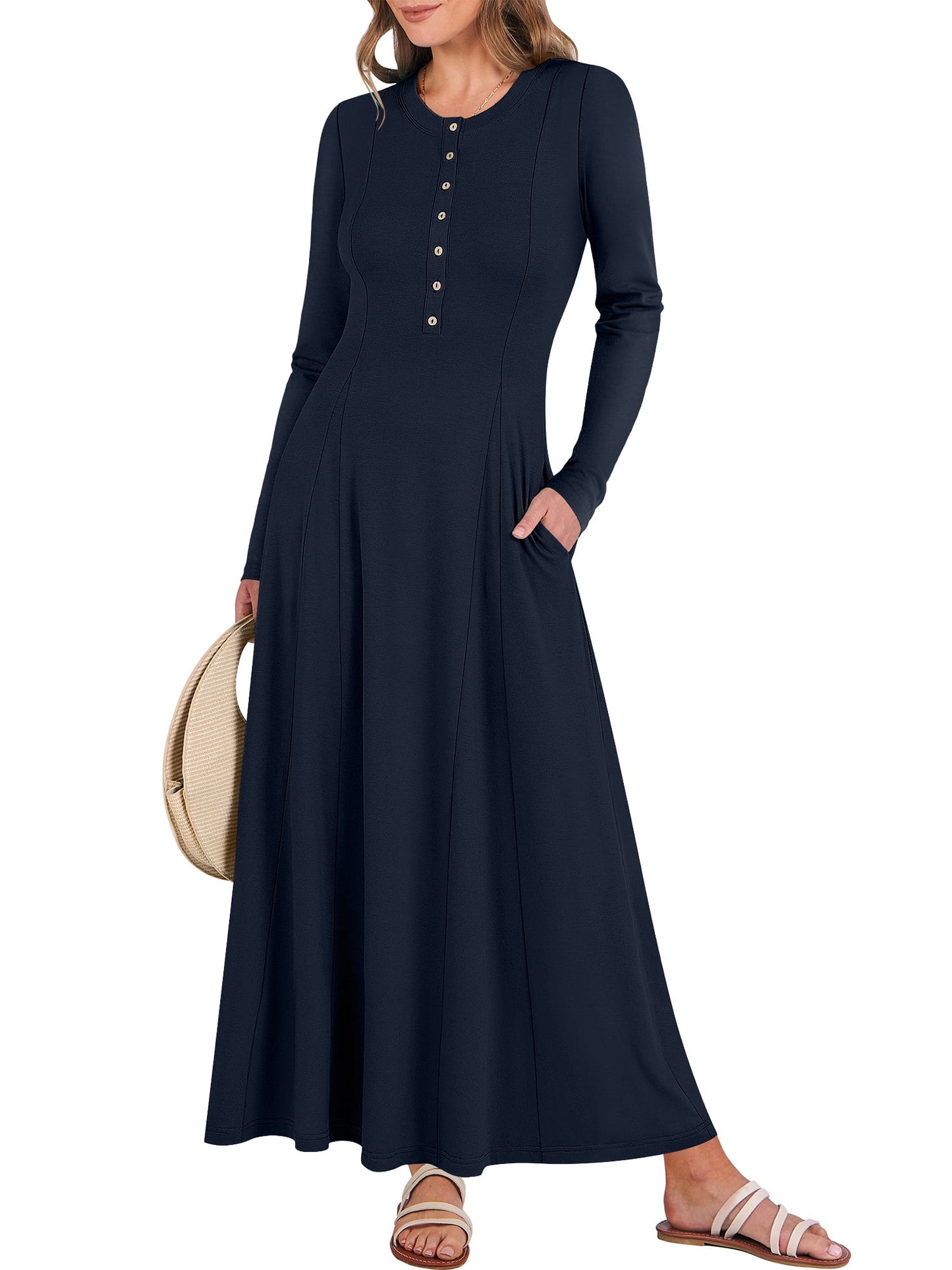 Luniro Women's Long Sleeve Long Dresses Casual Button Fit Flare A-Line Flowy 2025 Fall Maxi Dress