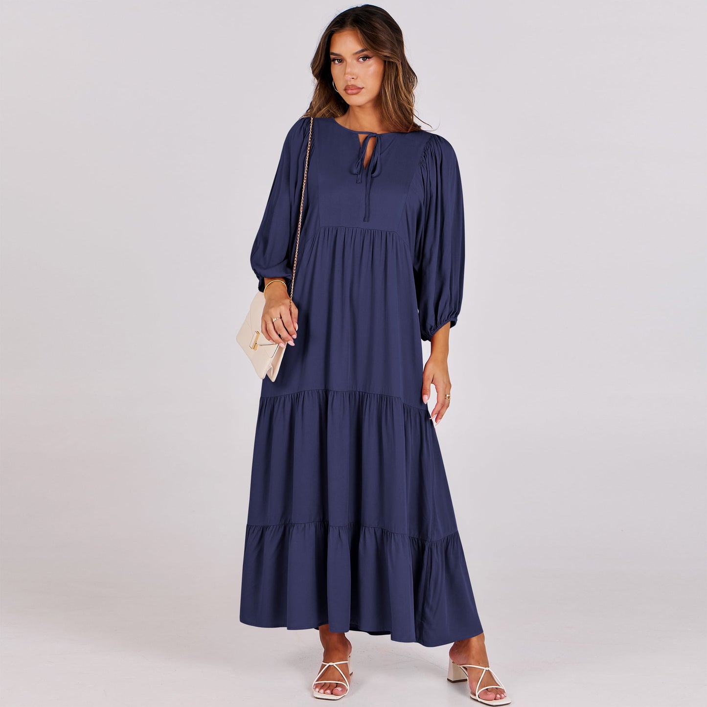 Luniro Maxi Dresses for Women Floral V Neck 3/4 Puff Sleeve 2025 Boho Summer Wedding Guest Dress