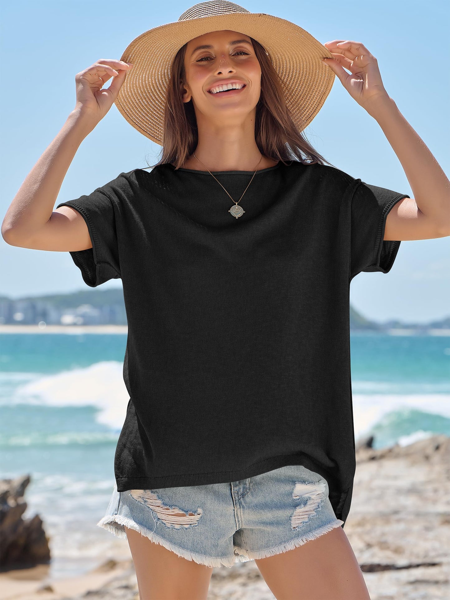 LUNIRO Women's Oversized T Shirts Casual Summer Crew Neck Loose Dropped Short Sleeve Side Slit Hem Blouse Sweater Top