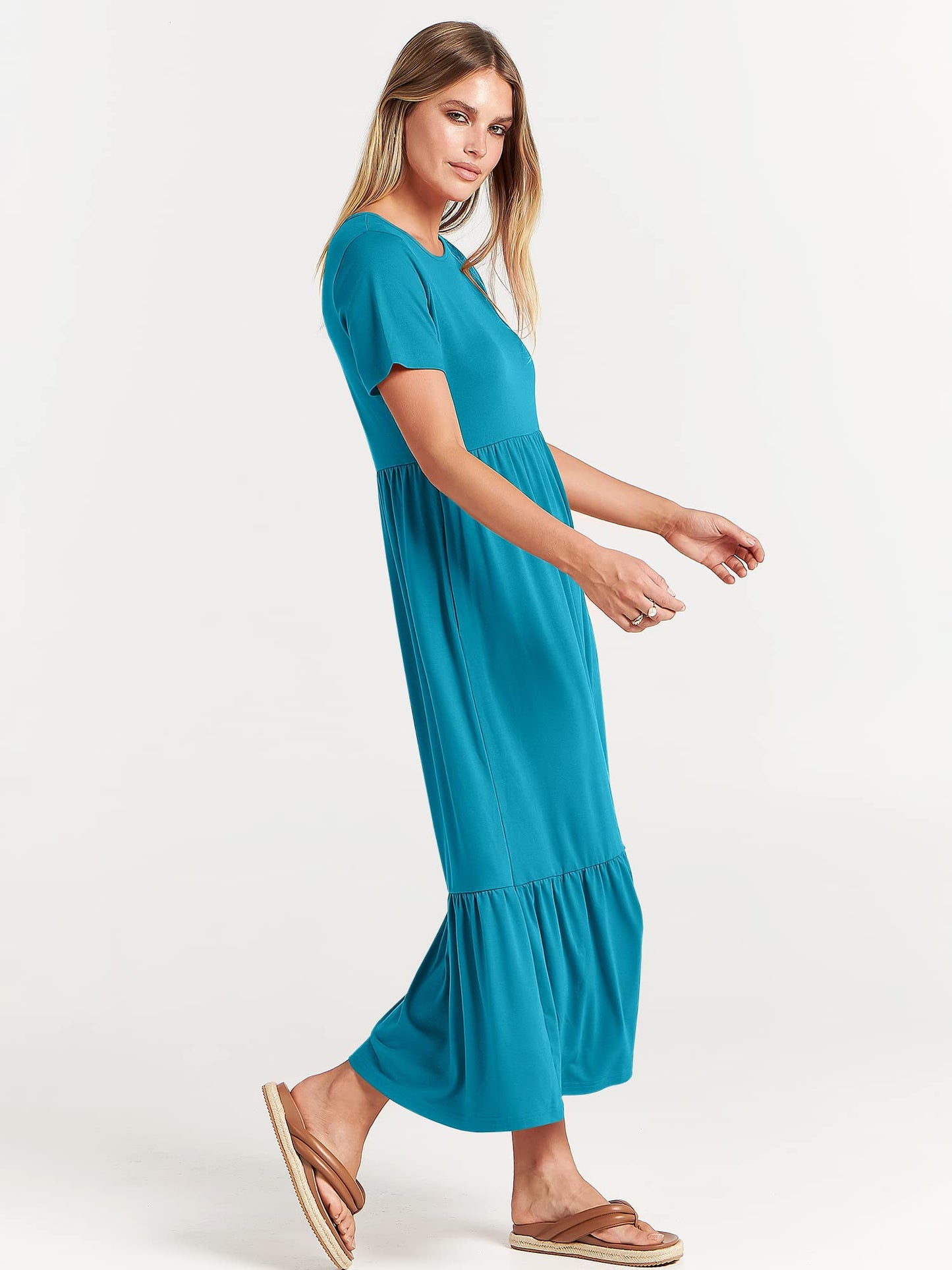 Luniro Women Summer Casual Short Sleeve Crewneck Aline Swing Flowy Tiered Shirt Maxi Beach Long Dress 2024 Trendy Outfits