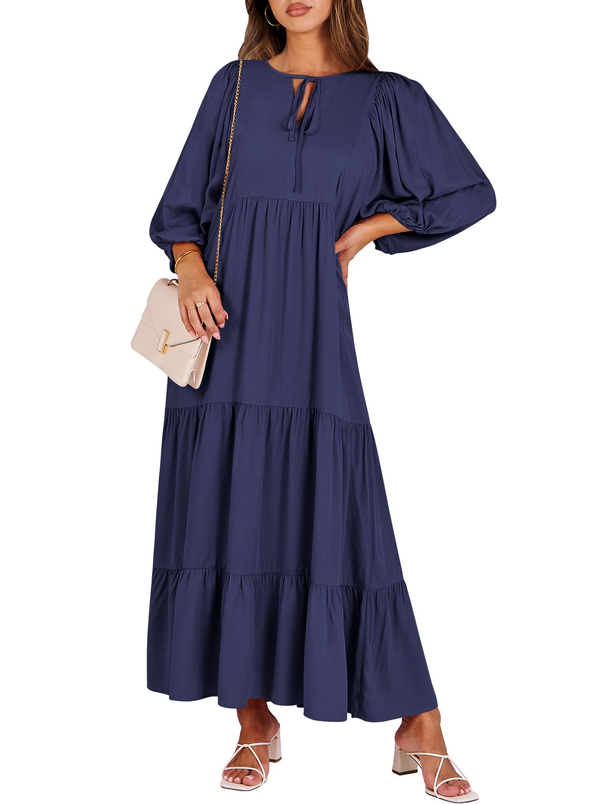 Luniro Maxi Dresses for Women Floral V Neck 3/4 Puff Sleeve 2025 Boho Summer Wedding Guest Dress