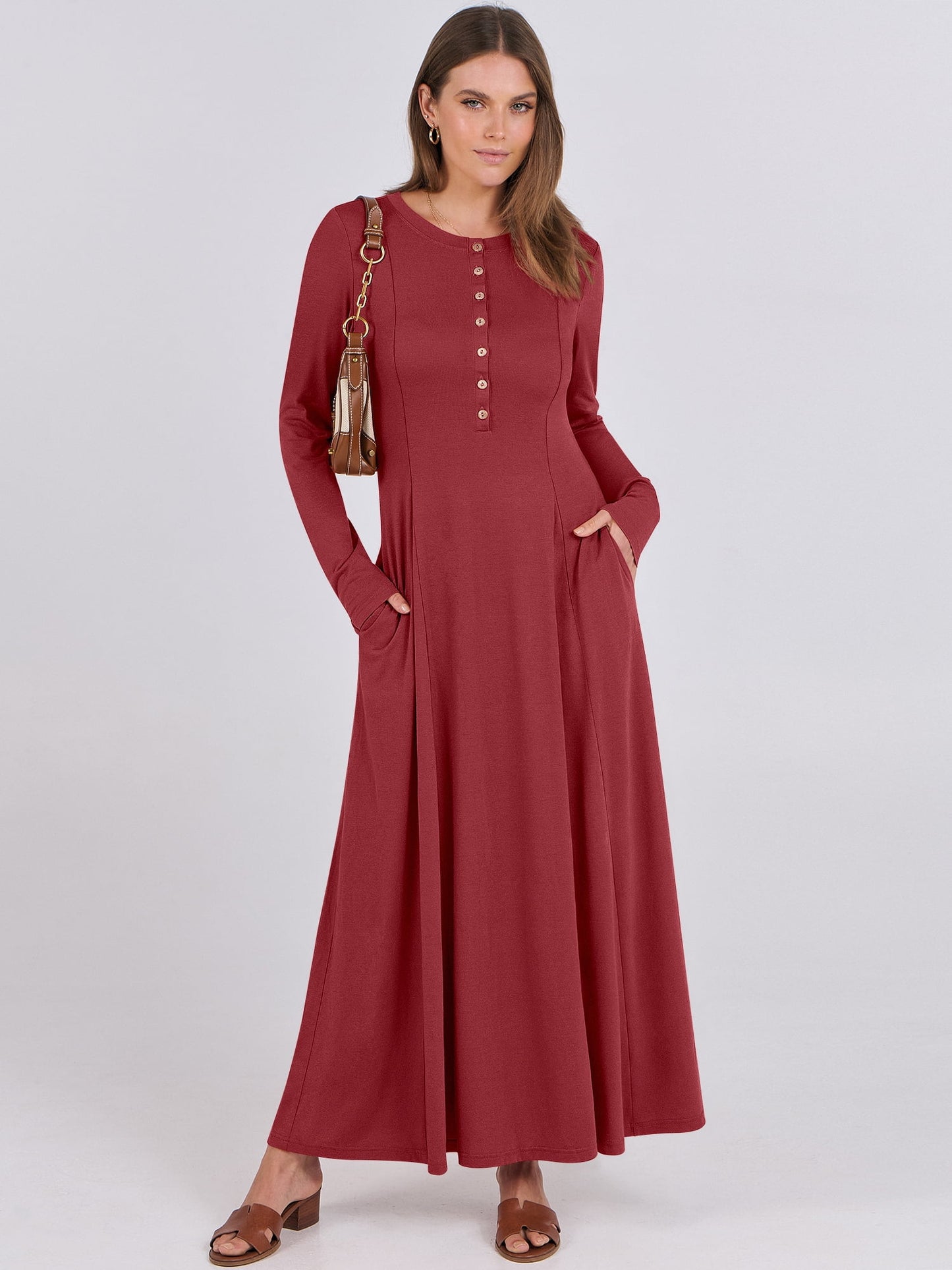 Luniro Women's Long Sleeve Long Dresses Casual Button Fit Flare A-Line Flowy 2025 Fall Maxi Dress