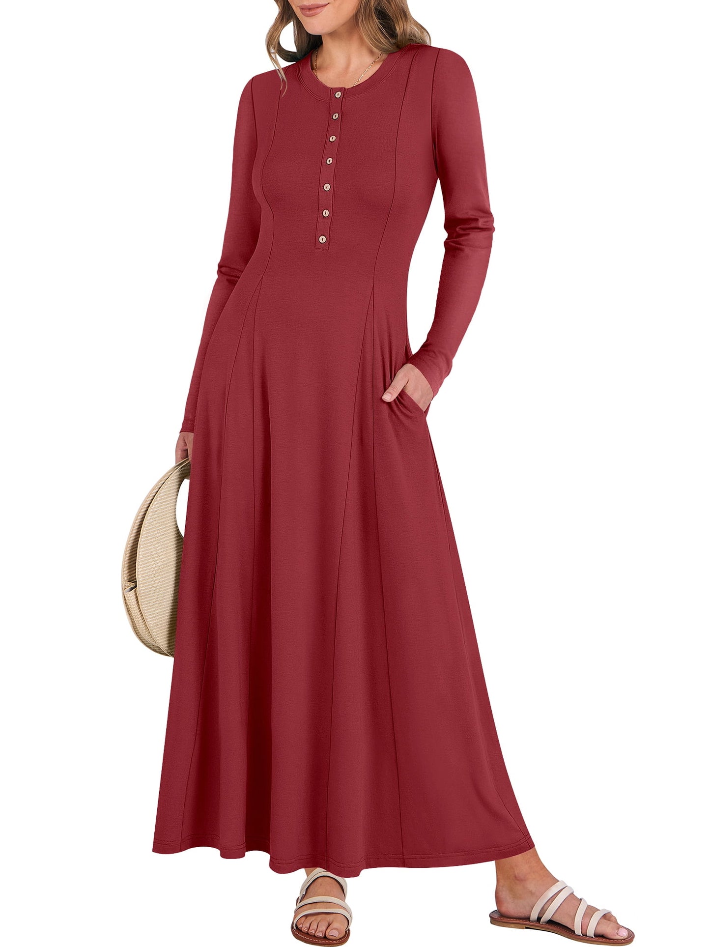 Luniro Women's Long Sleeve Long Dresses Casual Button Fit Flare A-Line Flowy 2025 Fall Maxi Dress