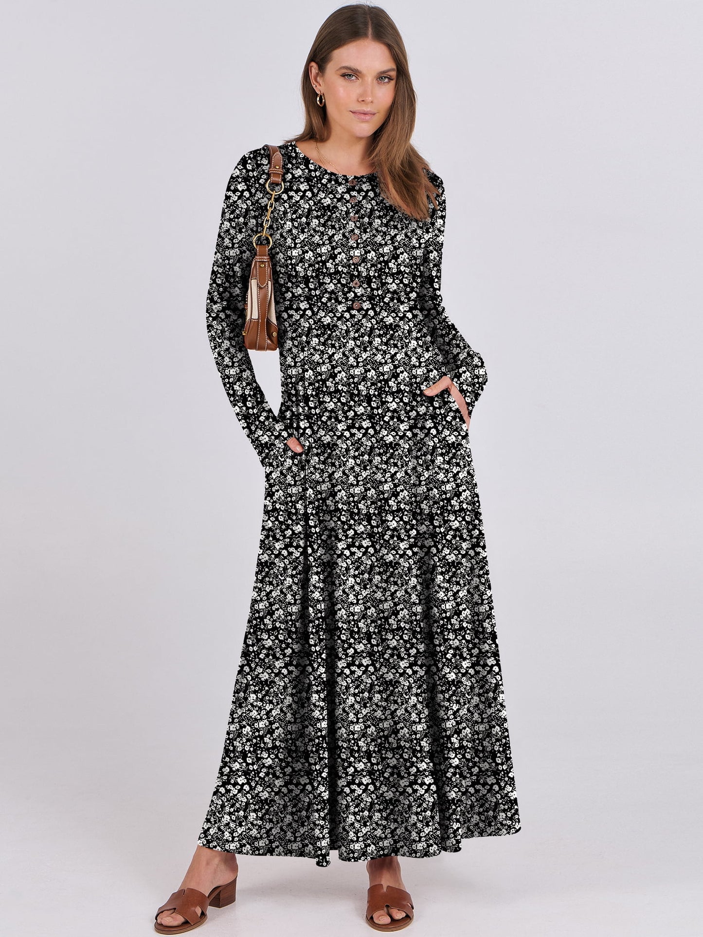 Luniro Women's Long Sleeve Long Dresses Casual Button Fit Flare A-Line Flowy 2025 Fall Maxi Dress