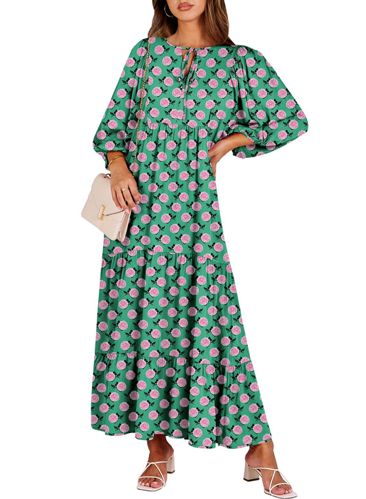 Luniro Maxi Dresses for Women Floral V Neck 3/4 Puff Sleeve 2025 Boho Summer Wedding Guest Dress